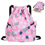 PALAY® Drawstring Backpack Kids Drawstring Bags Pink Cartoon Print Nylon Drawstring Backpack with Adjustable Shoulder Strap Girls Waterproof Nylon Travel Backpack Swimming Bag Activitiy Bag