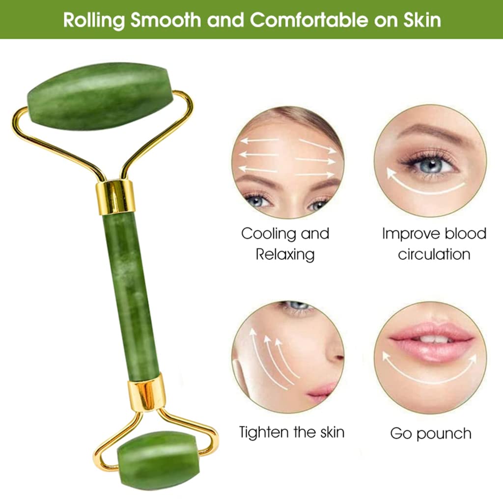 MAYCREATE Jade Roller and Gua Sha Set with Dual Head Roller & V Curve Board for Facial Massage