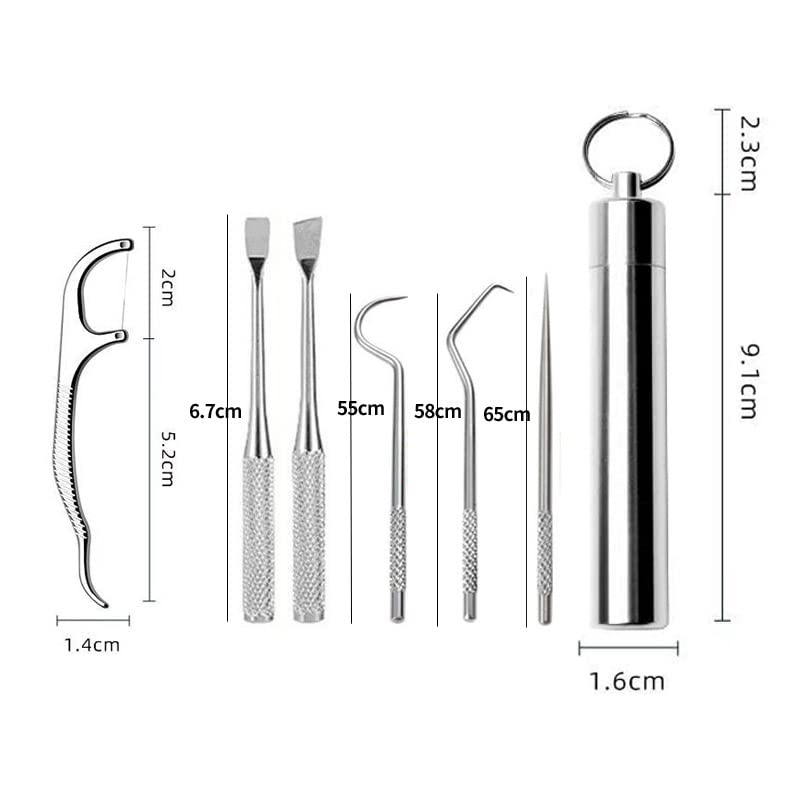 MAYCREATE Dental Tools, 6 in 1 Stainless Steel Teeth Cleaning Tool Kit, Stainless Steel Toothpicks Teeth Cleaning Picks Flosser for Teeth Braces Cleaning Tools Reuseable Toothpicks