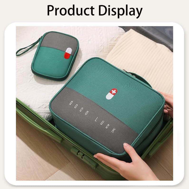 Zibuyu Medicine Organizer for Travel and Home with Dual Bag Set and Pill Compartments | Green