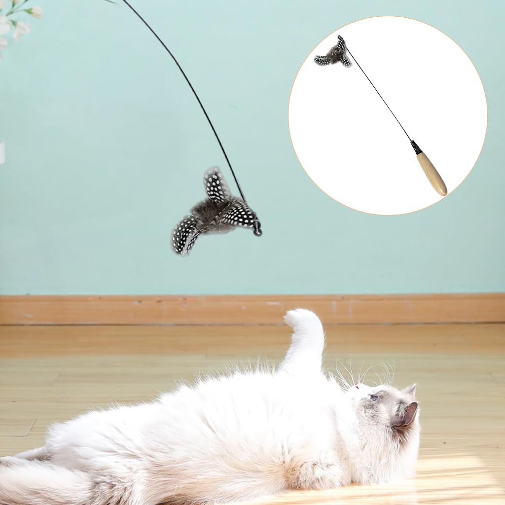 Qpets Cat Teaser Wand for Interactive Play with 0.8mm Fiberglass Rod and Beechwood Handle | Natural Feather Bell Toy