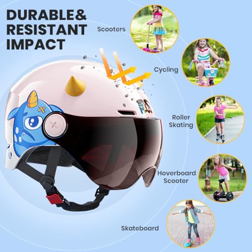 Proberos® Bike Helmet for Kids Teens 4-15 Years Old Cushioning Lining Safety Helmet with Adjustable Chin Strap, Anti-Glare Goggle, Ear Pads, 3D Cartoon Safety Helmet for Bike, Scooter