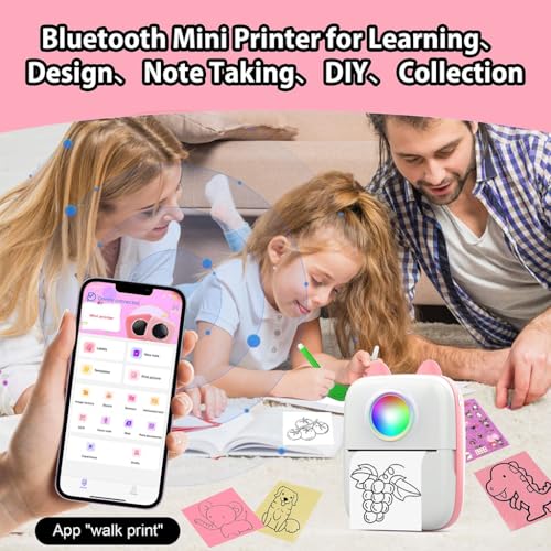 Zeitel® Mini Bluetooth Thermal Printer with LED Portable Label Inkfree for Android and iOS System Black on White with 13 Roll Paper 5 Color Pen 1 Kuromi Sticker Pink 2 PCS