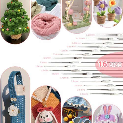 HASTHIP® DIY Crochet Hooks Color Yarn Kit with Zipper Bag Beginners Full Sizes Stainless Steel Multi Color 4-Strand Yarns Rolls Assorted Essential Tools 2PCS