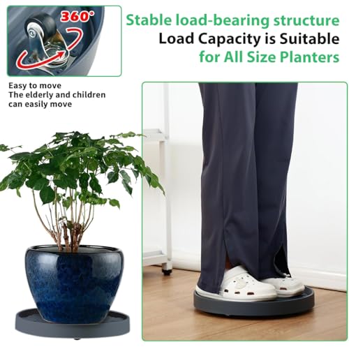 HASTHIP® 37cm Plant Pot Stand with Wheels, Round Mobile Planter Tray, Spiral Ridged PP Flower Pot Caddy with Wheels, 360 Degree Moving Plant Stand for Indoor & Outdoor Use, Grey