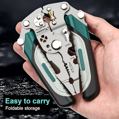 Serplex® Multifunctional Wire Stripper Tool, Carbon Steel Wire Cutter Stripping Tool, Folding Rubberized Handle, Electric Cable Stripping Crimping Tool with Lock, Multi Electricity Tool