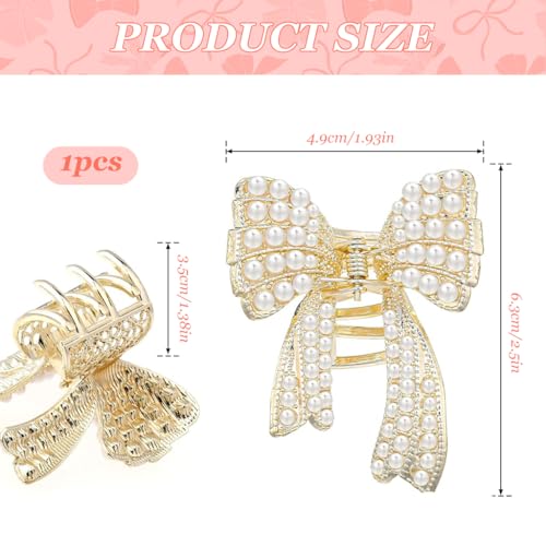 ZIBUYU® 2PC Small Pearl Bow Hair Clips for Women & Girls, Golden Alloy Non-Slip Half Updo Hair Accessories, Elegant Wedding & Party Styling, Strong Hold Claw Clips, Fashion Gift for Thick/Thin Hair