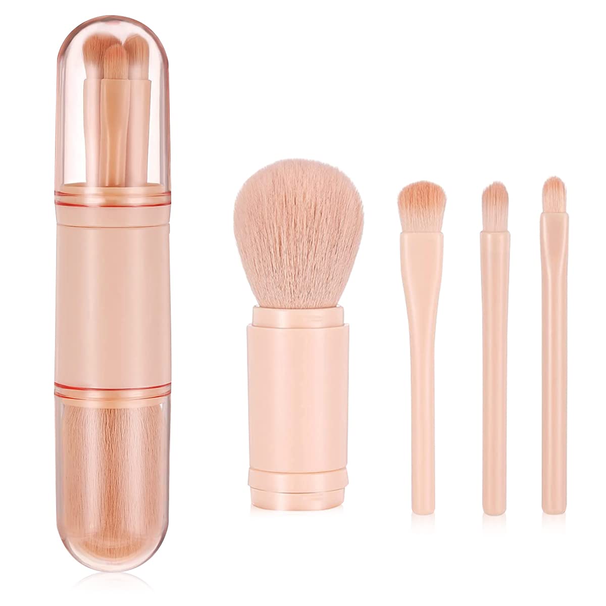 MAYCREATE® Makeup Brush Set, 4 In 1 Portable Travel Blending Powder Foundation Brush, Lip Brush, Highlight Brush, Eyeshadow Brush, Retractable Mini Facial Cosmetic Brush Kit (Nude)