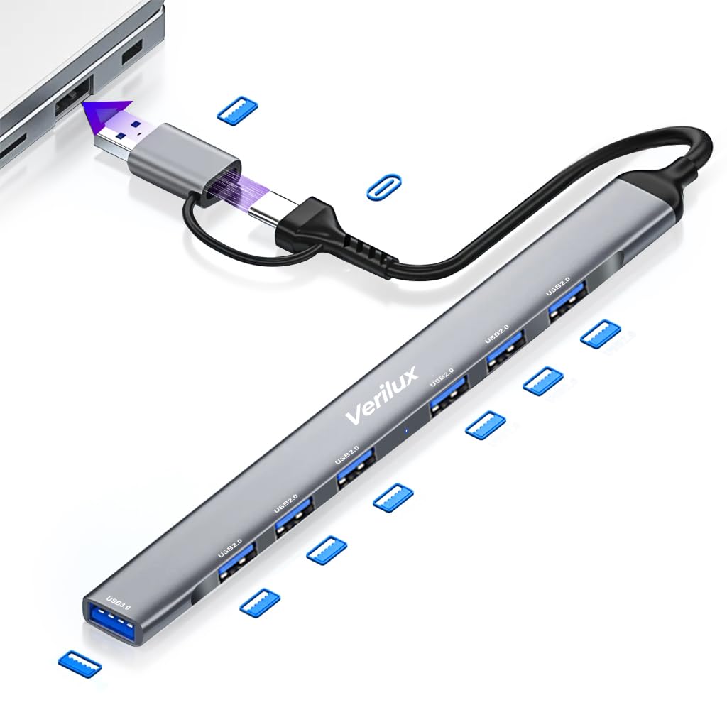 Verilux USB Hub 3.0 for Laptop and PC featuring 7 Ports with 5Gbs Transfer Speed | Type C and USB A Connectivity