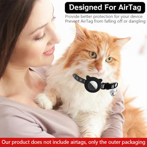 Qpets® Cat Collar with Silicone Airtag Holder, Adjustable Breakaway Design for Cats & Kittens, Soft Polyester, Bell Included, GPS Tracker Compatible, 8.7-10.8 Inches, Black & Pink