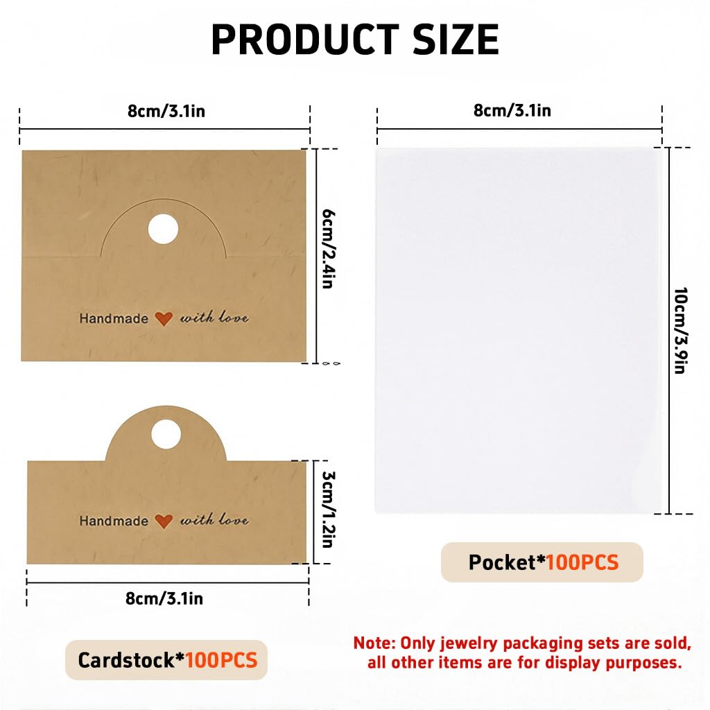 HASTHIP Jewellery Organiser Pouch Set for Rings and Necklaces with 100Pcs 8x10cm Clear Bags | Includes Brown Cardstock Handles for Display and Gifting