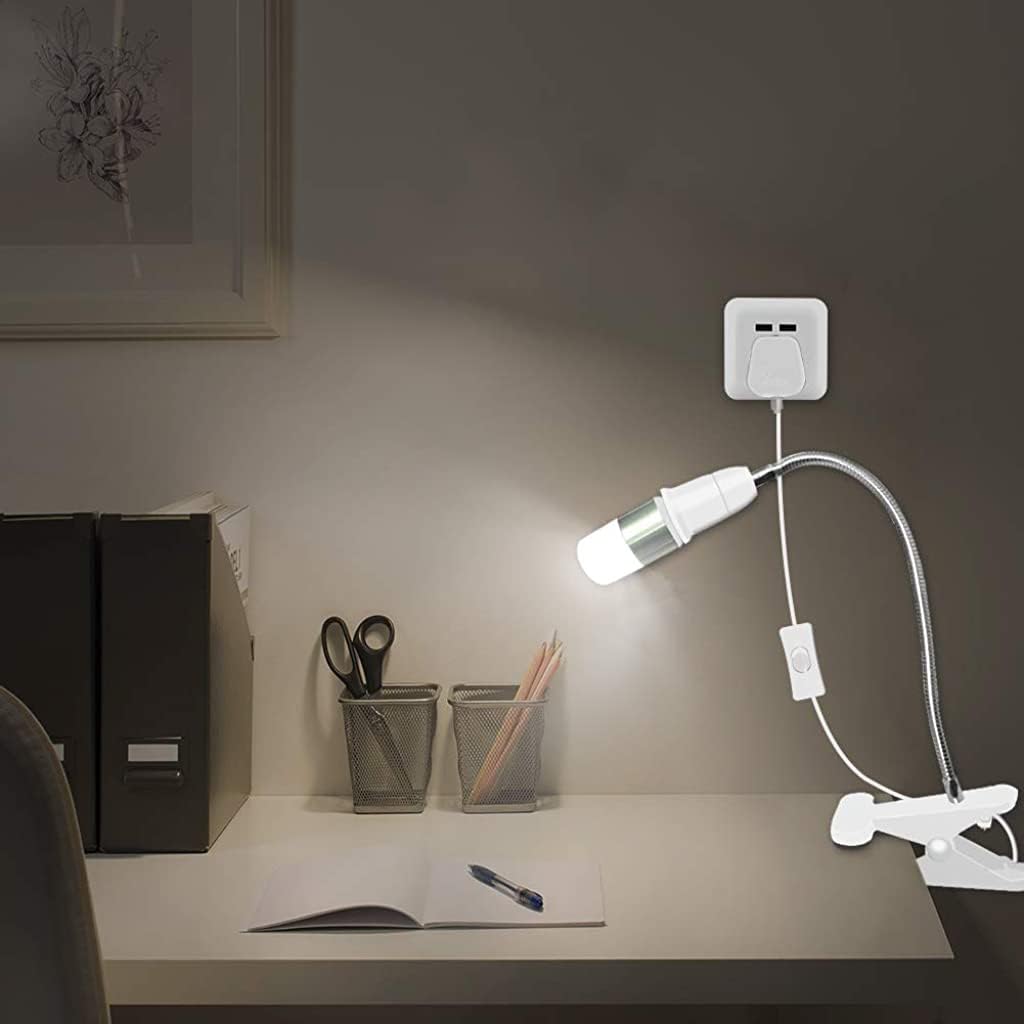 ELEPHANTBOAT E27 Clamp Lamp Holder with 360° Gooseneck and 1.8m Cable | White Desk Light