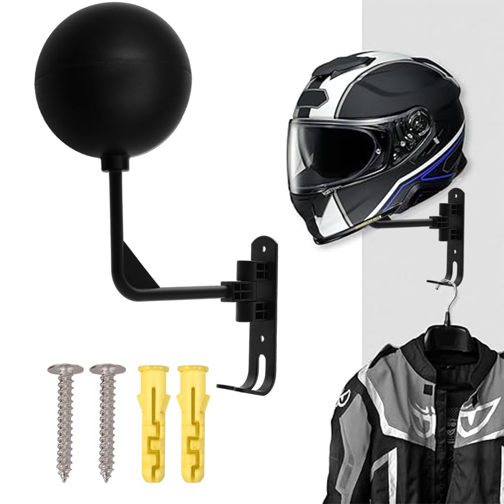 STHIRA Motorcycle Helmet Holder Rack for Wall Mount with 4.73 in Ball and Double Hook | Space Aluminum Rotatable Storage