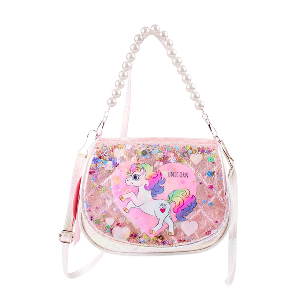 PATPAT® Girls Sling Bag Fashion Pink Unicorn Hand Bag Girls Bag Shoulder Bag with Beaded Chain Strap Gift for Girls Children's Day Gift for Girls