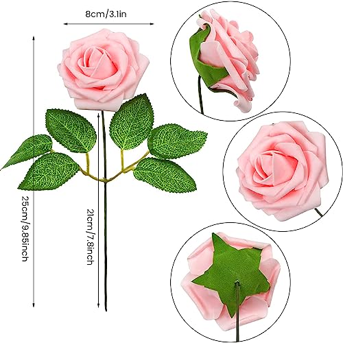 HASTHIP® 25pcs Roses Artificial Flowers Box Set, Foam Pink Fake Roses with Stems for DIY Wedding Bouquets Centerpieces Arrangements Party Baby Shower Home Decorations