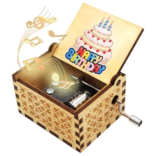 PATPAT® Retro Wooden Hand Crank Music Box Desk Decor, Nostalgic Happy Birthday Melody Music Box, Flip-up Lid & Engraved Floral Pattern, Birthday Gift for Kids