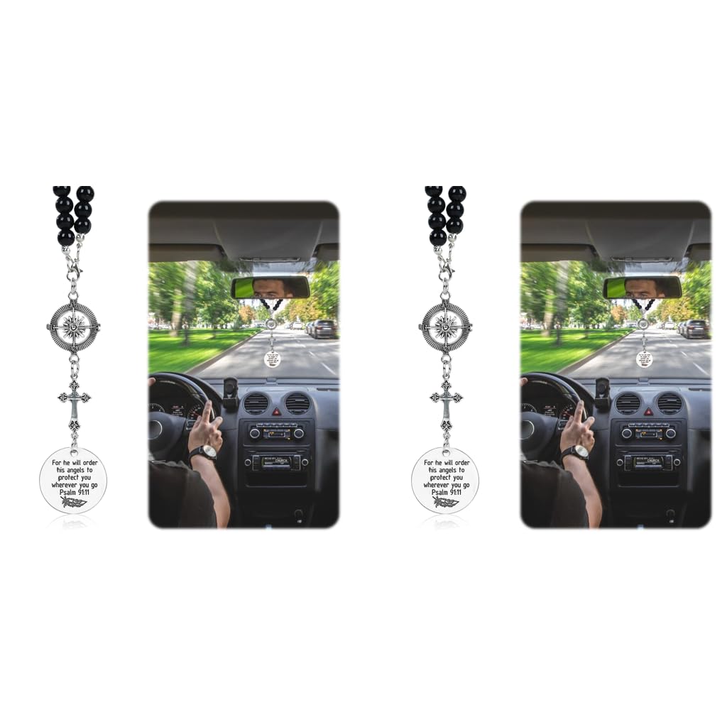 STHIRA Guardian Angel Cross Car Mirror Charm with Psalm Verse Beads and Compass Pendant 2PCS