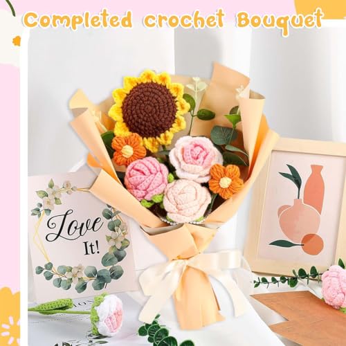 HASTHIP® Handmade Crochet Flowers Bouquet Sunflowers Roses Desk Decoration Gift Box Packed Versatile Easy Maintenance Ideal for Indian Women Mother's Day Birthdays 2 PCS