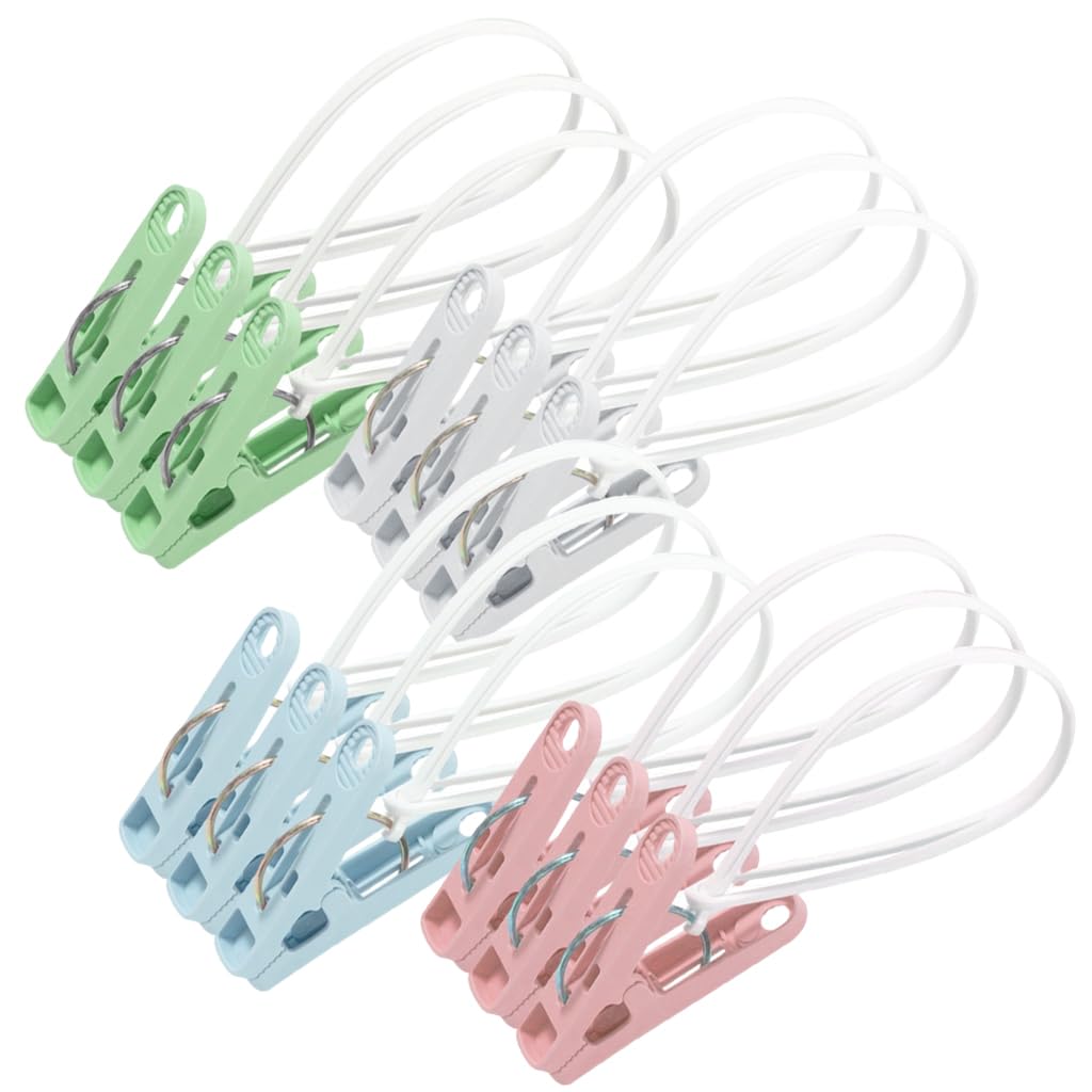 HASTHIP hanger clamps for hanging clothes 12 pcs with windproof fastening loop and multicolor clips | reusable plastic pegs for laundry and travel drying