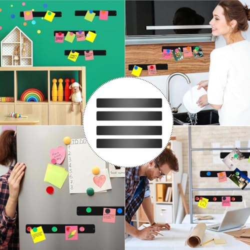 Climberty® 4 Pack Stainless Steel Magnetic Board Strip Memo Message with 60PCS Color Magnets Self Adhesive Notice Bulletin Bar for Home Office Photo Wall Fridge Black