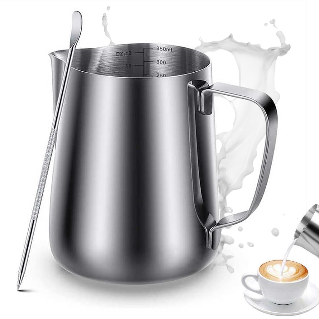 Supvox® 12oz Milk Frothing Pitcher with Scale, Stainless Steel Espresso Milk Frothing Pitchers for Cappuccino Barista Steam Pitchers Milk Jug Cup with Decorating Pen Latte Art