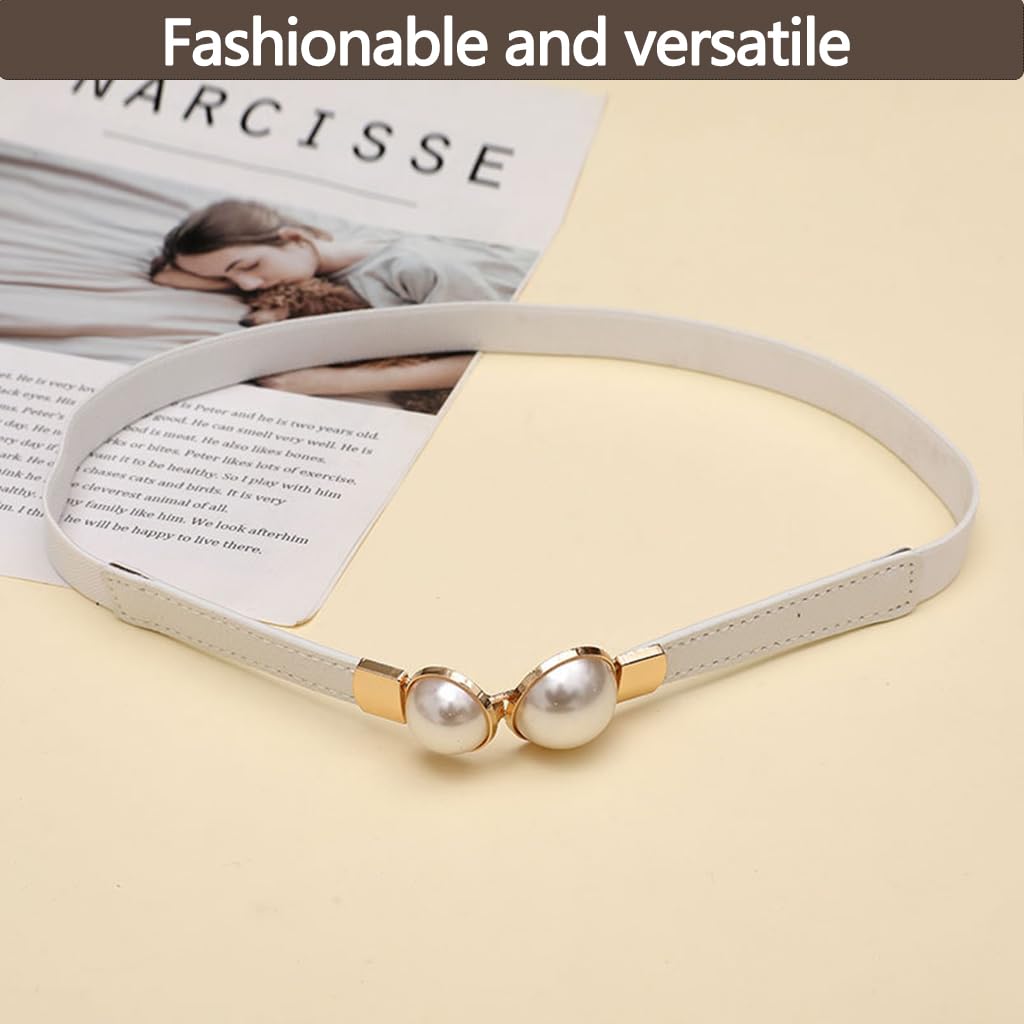 Zibuyu Women Skinny Waist Belt for Dresses with Gold Pearl Buckle 60–80cm Adjustable | White PU Faux Leather Elastic Design