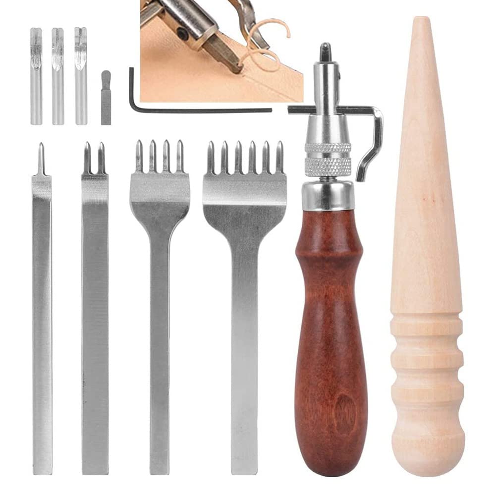 HASTHIP® 11Pcs Leather Craft Tools, Leather Sewing Tools, Leather Working Kits Supplies with Leather Tool Leather DIY Accessories for Stitching Punching Cutting