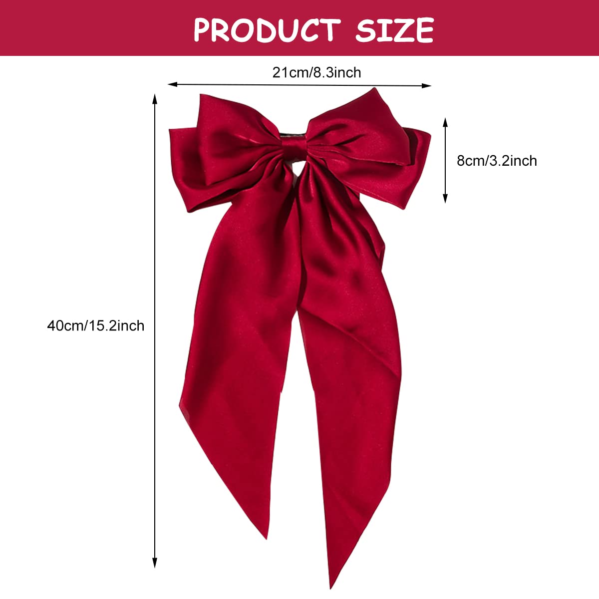 MAYCREATE® Large Satin Hair Bows for Women Girls Silk-Like Stylish French Bow Hair Clip Bowknot Hair Barrettes Big Ribbon Bow with Long Tail (Red)