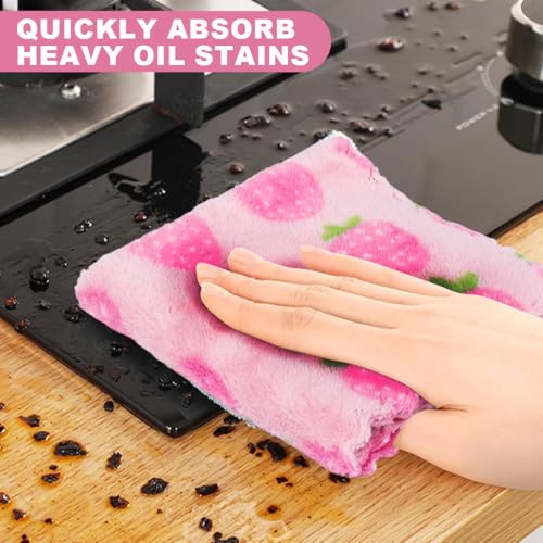 HASTHIP® Kitchen Dish Cloth 30x30cm, Pack of 4 Sweet Fashion Strawberry Coral Fleece Dish Cloth, Soft & Absorbent Utility Kitchen Clean Cloth