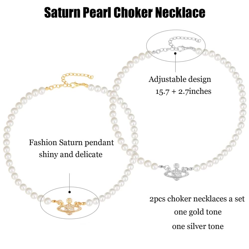 SANNIDHI Pearl Necklace for Women featuring Rhinestone Saturn Design 15.7+2.7 in Adjustable Chain | 2 Pcs White Choker Set