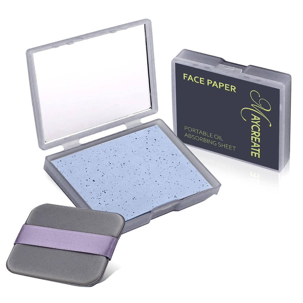 MAYCREATE Face Blotting Paper for Oily Skin with Mirror and Puff, 300 Sheets | Natural Linen