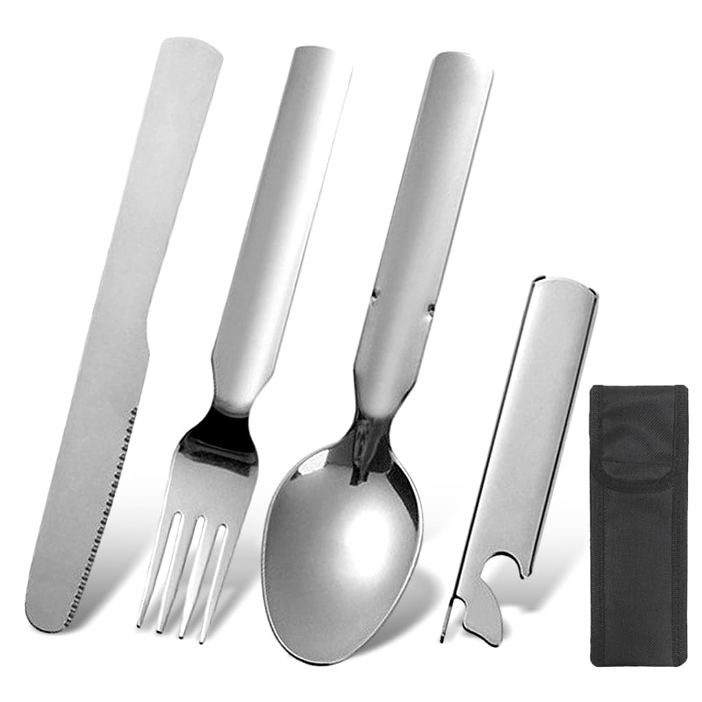 Supvox® Portable Flatware Silvery Camping Stainless Steel Outdoor Tableware Set Travel Portable Fork Spoon Bottle Opener 4 in 1 Multi-Functional Dinning Cutlery