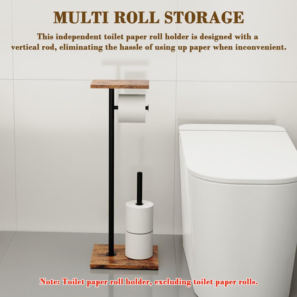 HASTHIP Toilet Paper Roll Holder for Bathroom with Top Storage Shelf 20x24x65cm | Wood and Metal Free Standing Organizer
