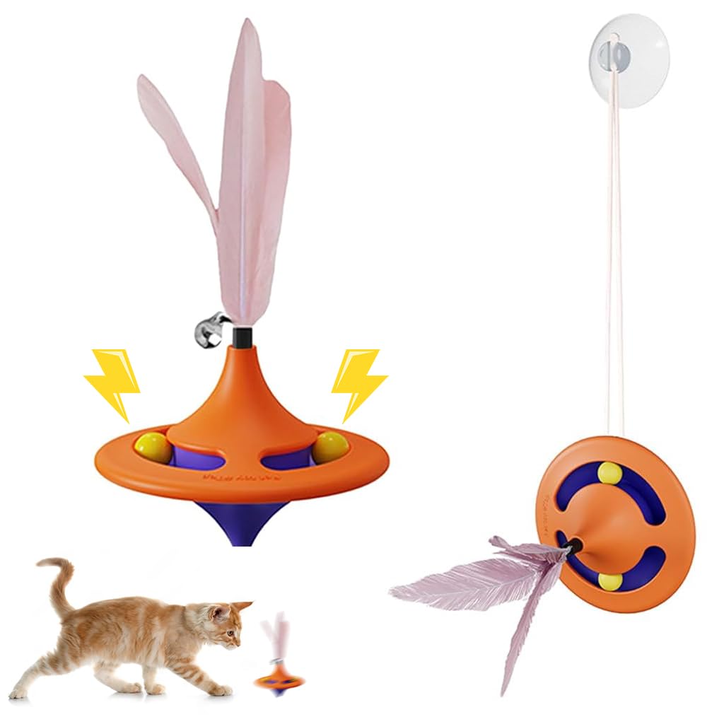 Qpets® Cat Toys for Kids, Interactive Cat Toys for Persian Cat, Cat Toy for Indoor Cats Feather Teasing Toy, Rotatable Spinning Top Cat Turntable Toy with Suction Cup & Hanging Feather