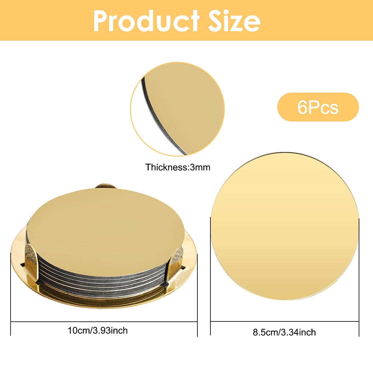ZIBUYU Coasters Set for Home and Office with Holder featuring Gold Stainless Steel | 6 Pieces