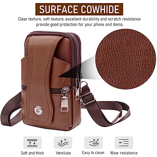 ZIBUYU® Mobile Pouch for Men Leather Magnetic Cover Belt Clip Compatible iPhone 12 13 14 Pro Max Phone Case Mini Crossbody Waist Sling Bag Holster Brown 1 2PCS