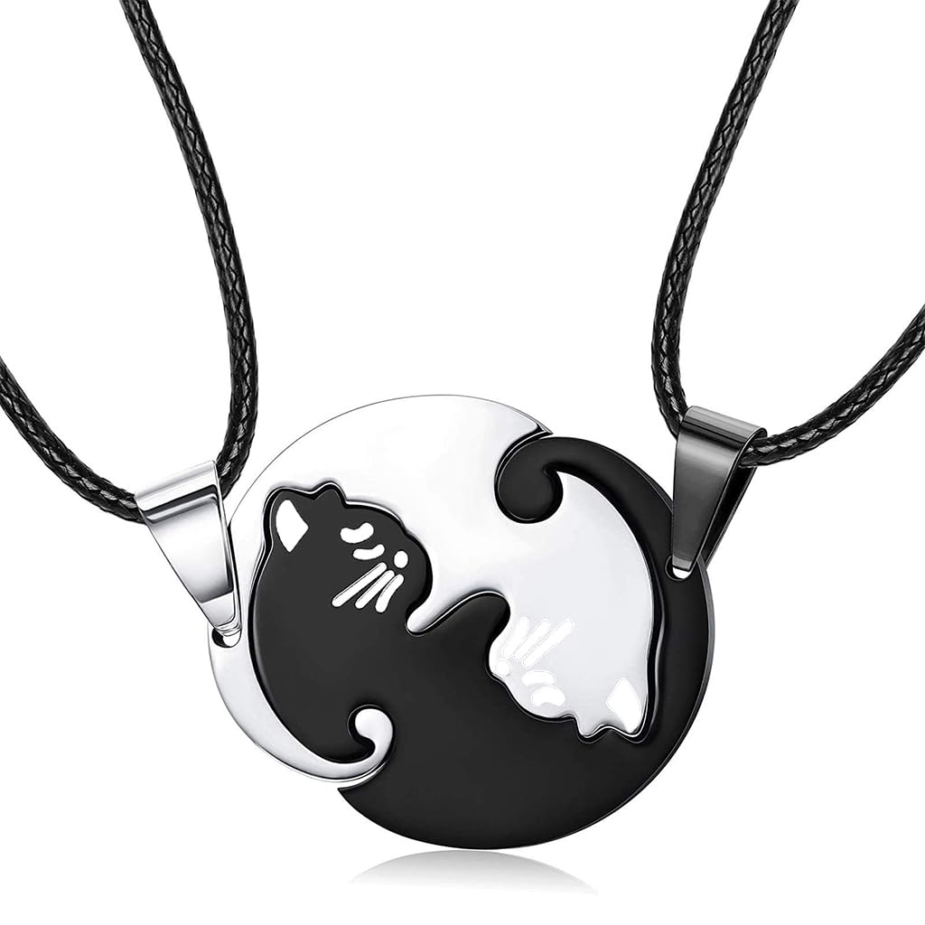 Zibuyu Friendship Necklace for Couples featuring Black and White Cat Pendants | Stainless Steel Gift