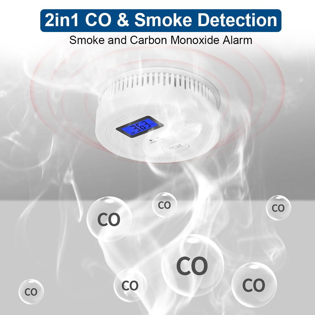 HASTHIP® 2-in-1 CO & Smoke Alarm, Carbon Monoxide Detector Smoke Detector with 85db Sound & Light Warning, Smoke Carbon Monoxide Alarm with LCD Screen, Battery Operated (Battery Not Included)