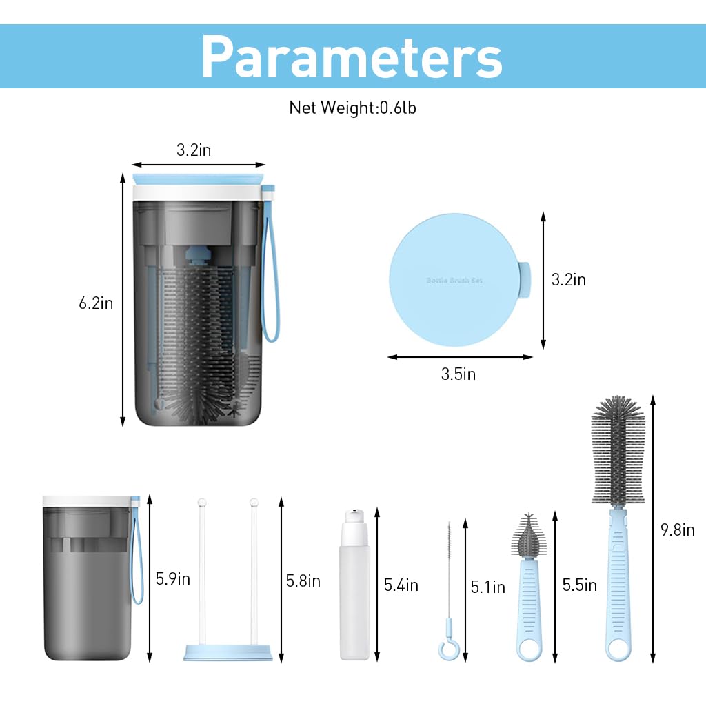ZIBUYU Baby Bottle Cleaning Brush Kit with 2 in 1 Storage Case and Silicone Heads | 6 in 1 Travel Set