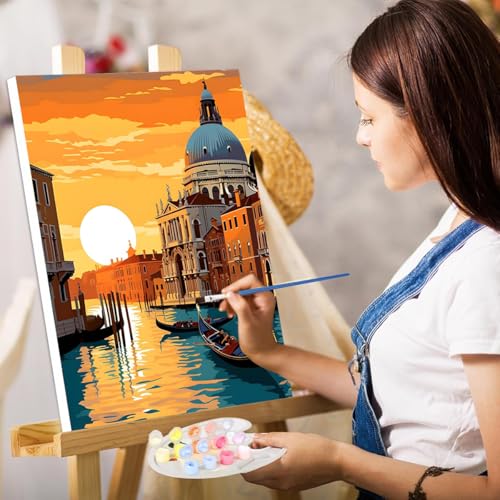 HASTHIP® Paint by Numbers Sunset Riverside Town Landscape Acrylic Oil Painting DIY Canvas Art Craft Wall Home Decor Gift Kit with Tools Pigments No Frame 16x20 inches 2 PCS