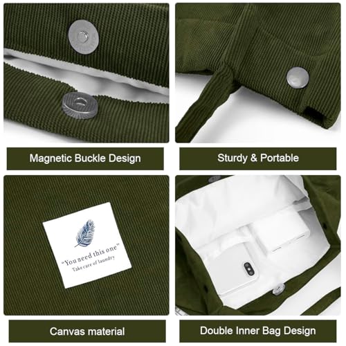 PALAY® Tote Bag Corduroy Solid Color Hand for Women Shoulder Shopping Commuting Large Grocery Dark Green 2PCS
