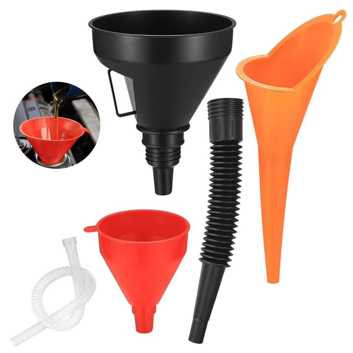 STHIRA® Oil Transfer Funnel Set Long Nozzle Funnel with Handle Automotive Fuel Transfer Funnel Oil Filtration Funnel Tools Reuseable Liquid Tranfer Funnels with Flexible Pipes & Filtration Sieve Cap