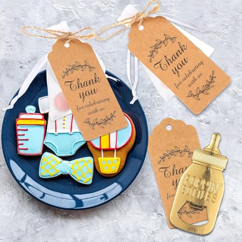 SNOWIE SOFT® 12PCS Baby Shower Return Gifts Thank You Golden Bottle Shaped Opener Creative Babies Birthday Decoration Token with Cards Drawstring Bags