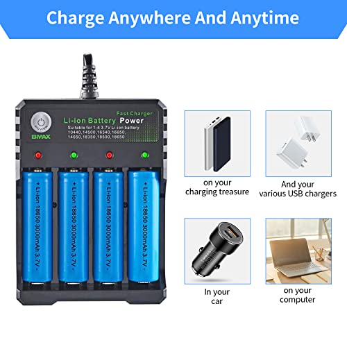 HASTHIP® 18650 Battery Charger 4 Bay Fast Charge, for 3.7V Li-ion TR IMR 10440 14500 16650 14650 18350 18500 16340(RCR123) Batteries, Intelligent Universal Rechargeable Battery Charger with AC Plug