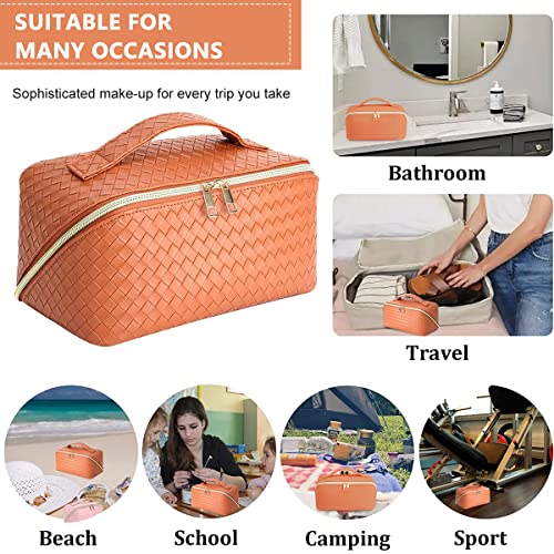 MAYCREATE® Large Capacity Cosmetic Travel Bag, Cosmetic Pouch PU Waterproof Design with Handle and Divider, Wide Opening Cosmetic/Makeup Organizer Bags for Women, Orange