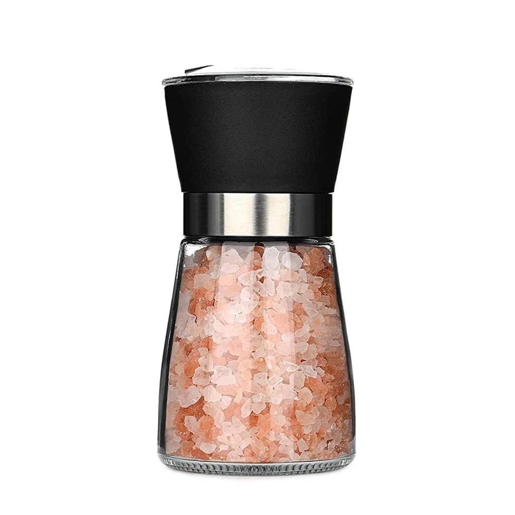 HASTHIP® Pepper Crusher, Salt and Pepper Clear Grinder with Adjustable Ceramic Blades & Dust Cover Lid, Salt and Pepper Shaker Glass Bottle for Coarseness Grind Spices, 180ml, 1 Pcs, Black