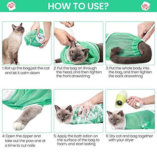 Qpets® 23 * 16 * 14 Inch Cat Bathing Bag Anti-Scratch Grooming Mesh for Nail Trimming Medicine Injection Adjustable Multifunctional Breathable Restraint Shower Green 3PCS