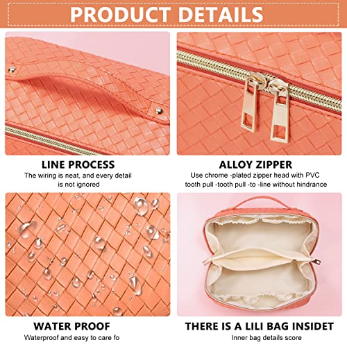 MAYCREATE® Large Capacity Cosmetic Travel Bag, Cosmetic Pouch PU Waterproof Design with Handle and Divider, Wide Opening Cosmetic/Makeup Organizer Bags for Women, Orange