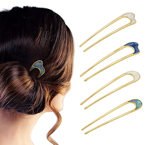 ZIBUYU® Hair Pins for Women Girls Stylish French Metal U Pins for Hair Forks Hair Clips, Pins Sticks Hair Accessories Juda Pins for Hair Bun Women & Girls (Blue & White) 4 Pcs