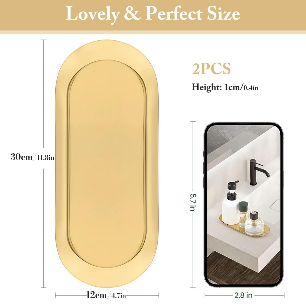 HASTHIP Rectangular Trays for Vanity and Bathroom with 2Pcs 30x12cm Stainless Steel Gold Finish | Multipurpose Organizer